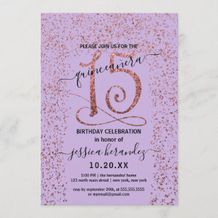 Invitación Lavender Rosa Gold Confetti Border Quinceañera