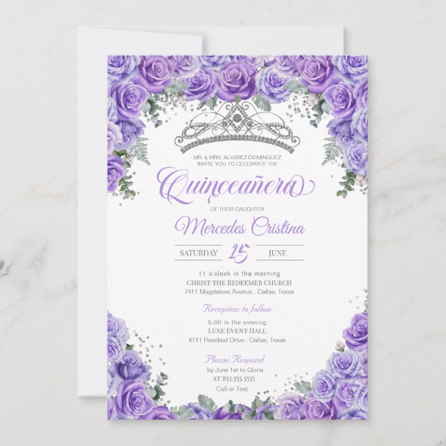 Invitación Lavender Rosa morado y plata Tiara Quinceanera (Anverso)