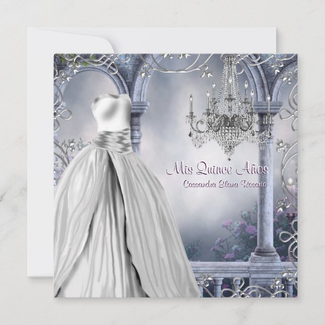 Invitación Lavender Rosa púrpura Candelier Quinceanera (Anverso)