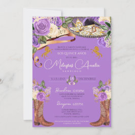 Invitación Lavender Rosa púrpura Fancy Charra Quinceanera