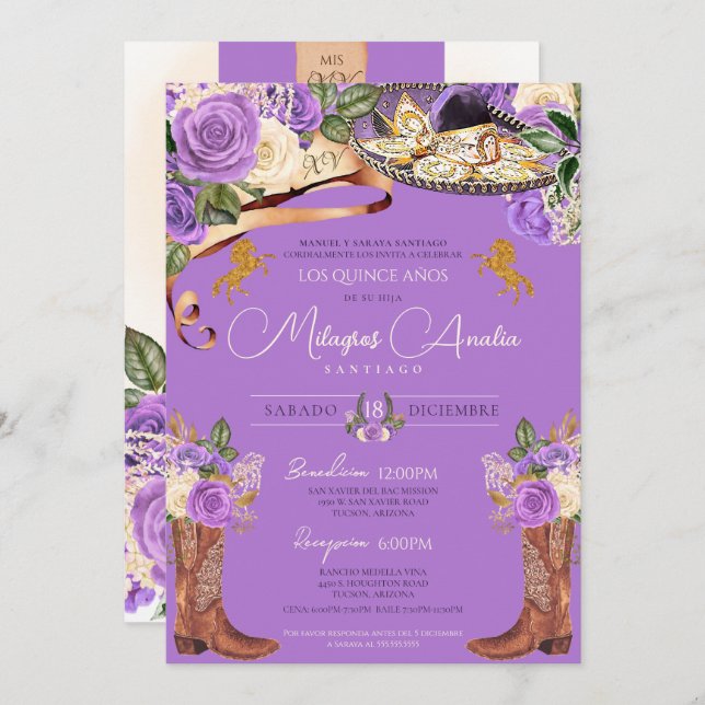 Invitación Lavender Rosa púrpura Fancy Charra Quinceanera (Anverso / Reverso)