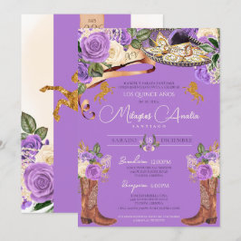 Invitación Lavender Rosa púrpura Fancy Charra Quinceanera