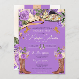 Invitación Lavender Rosa púrpura Fancy Charra Quinceanera
