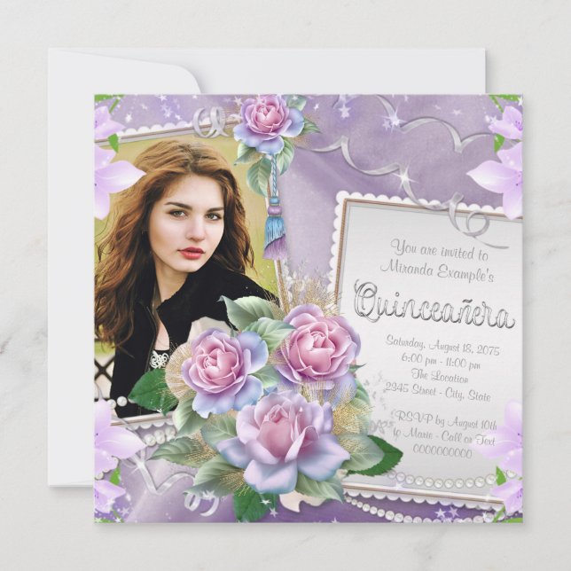 Invitación Lavender Rosa Quinceanera (Anverso)