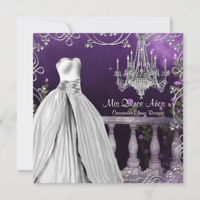 Invitación Lavender Rosas púrpura Candelier Quinceanera (Anverso)