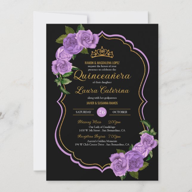 Invitación Lavender Rosas púrpura Gold Elegante Quinceañera (Anverso)
