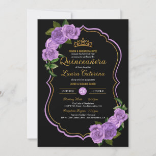 Invitación Lavender Rosas púrpura Gold Elegante Quinceañera