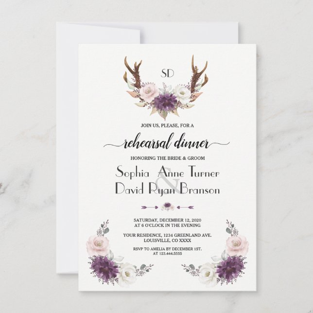 Invitación Lavender Rubor Floral Antlers Ensayo Cena (Anverso)