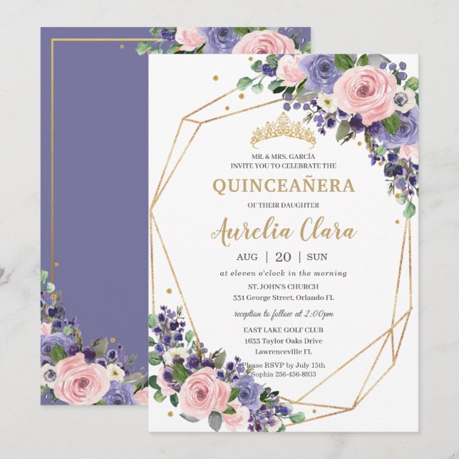 Invitación Lavender Rubor Floral Geométrica 16ª Quinceañera (Anverso / Reverso)