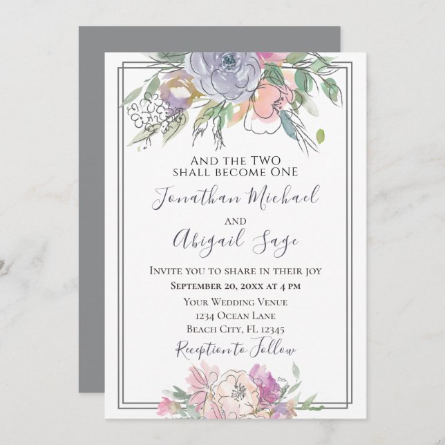 Invitación Lavender Rubor Marco gris floral Boda cristiano (Anverso / Reverso)
