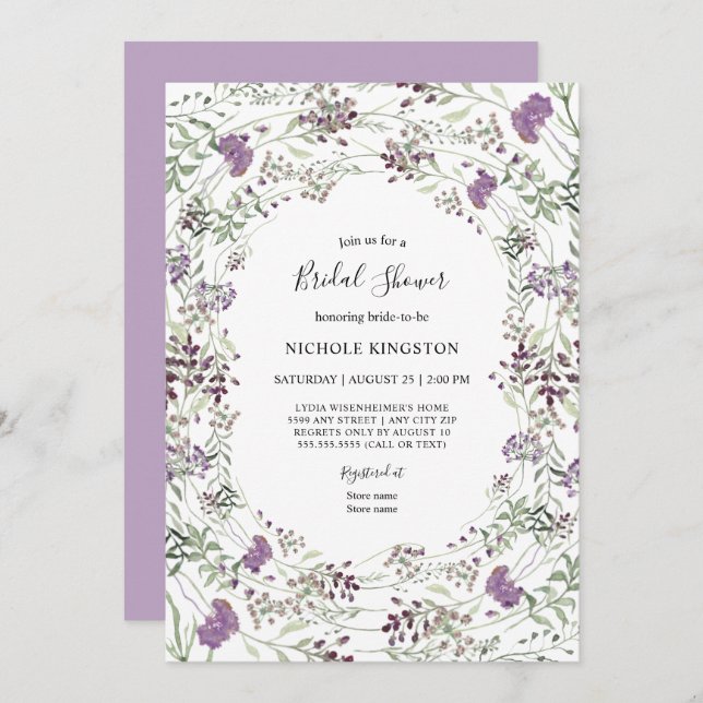 Invitación Lavender Sage Wildflower Frame Bridal Shower (Anverso / Reverso)