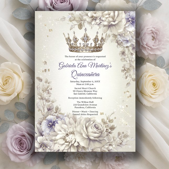 Invitación Lavender Silver Crown Floral Quinceañera (Lavender Silver Crown Floral Quinceañera Invitation
)