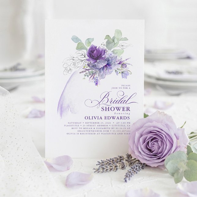Invitación Lavender Silver Elegante Moderno Boho Bridal Ducha (Purple Watercolor Flowers and Gold Greenery Leaves Romantic Botanical Chic Bridal Shower Invitations)