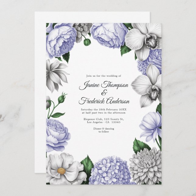 Invitación Lavender & Silver Watercolor Floral Wedding (Anverso / Reverso)