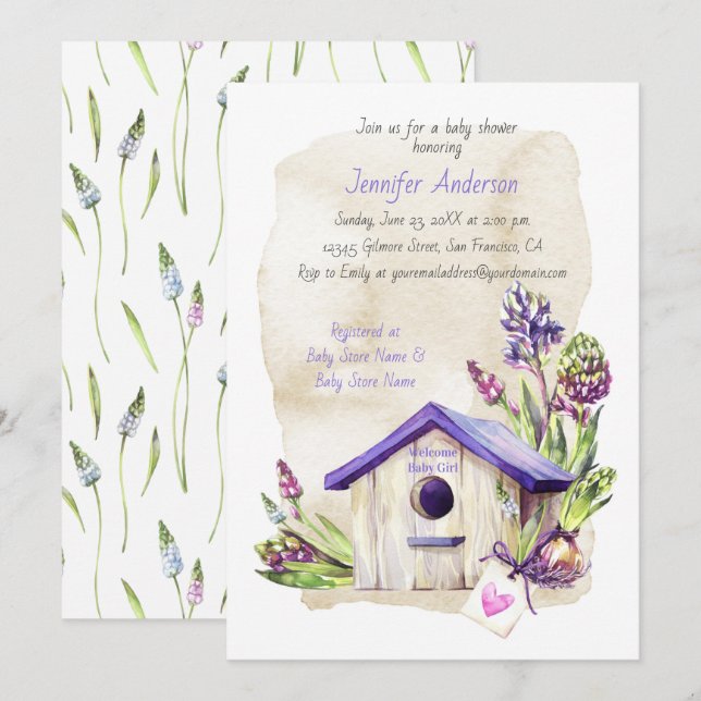 Invitación Lavender Stems Purple Birhouse Baby Shower (Anverso / Reverso)