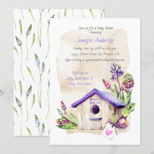 Invitación Lavender Stems Purple Birhouse Baby Shower