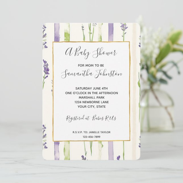 Invitación Lavender Stripes Floral Baby Shower (Anverso de pie)