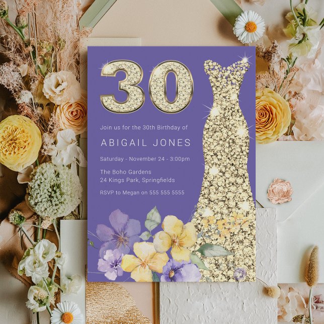 Invitación Lavender & Sunshine Gold Gown 30 cumpleaños Fiesta (Subido por el creador)