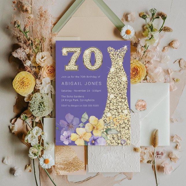Invitación Lavender & Sunshine Gold Gown 70 cumpleaños (Subido por el creador)
