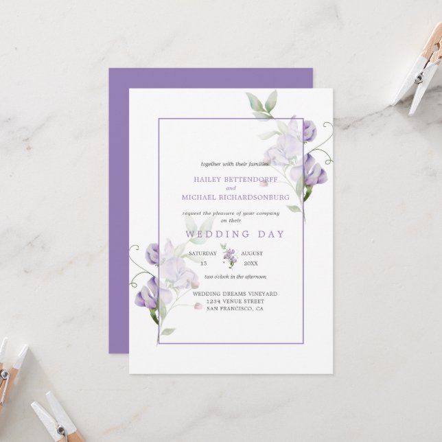 Invitación Lavender Sweet Peas Floral Wedding Invitation (Anverso/Reverso In Situ)