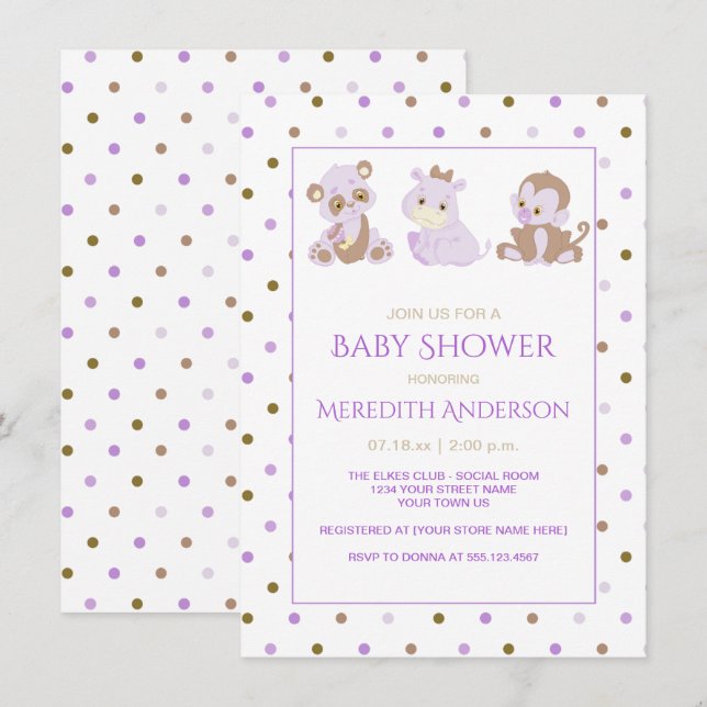 Invitación Lavender Tan Purple Polka puntos Baby Shower (Anverso / Reverso)