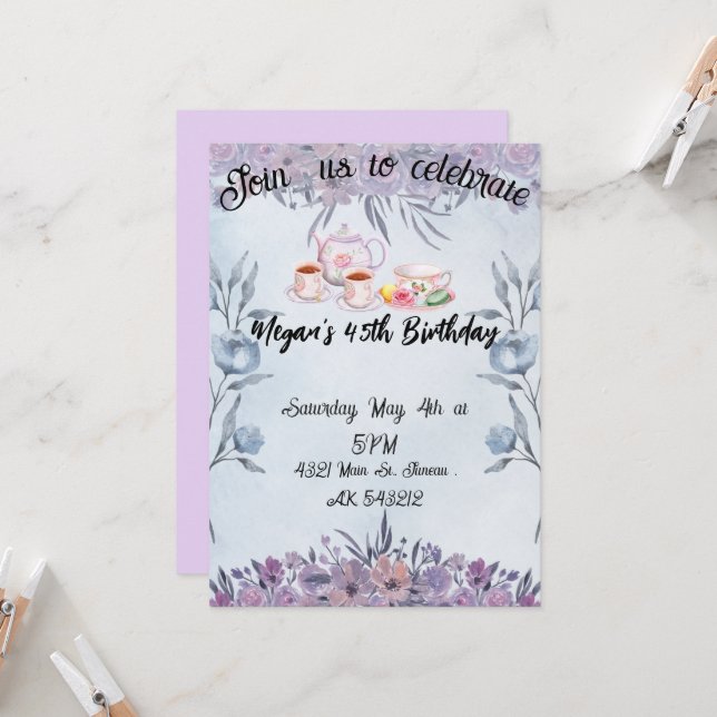 Invitación Lavender teapot flowers birthday  (Anverso/Reverso In Situ)