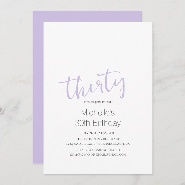 Invitación Lavender Trendy Modern Minimalista 30 cumpleaños (Anverso / Reverso)
