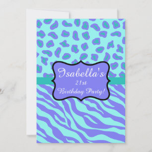 Invitación Lavender Turquoise Cebra Leopardo Piel Quinceañera