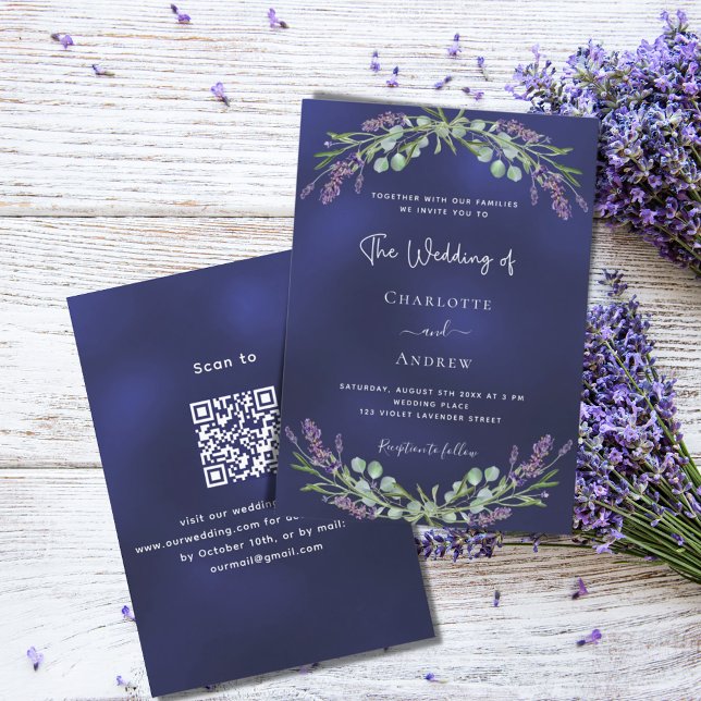 Invitación Lavender verde azul marino código QR boda RSVP (Subido por el creador)