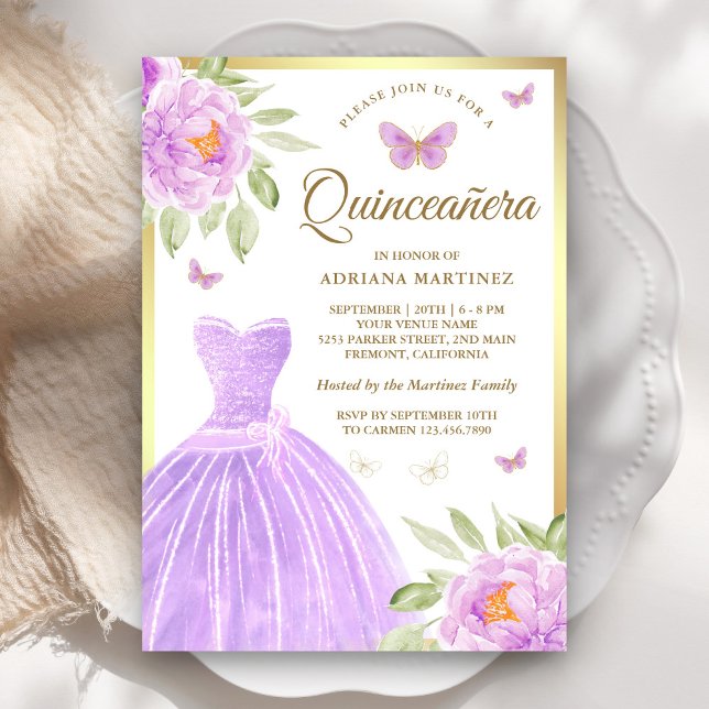 Invitación Lavender Vestido Floral Mariposa Oro Quinceanera (Subido por el creador)