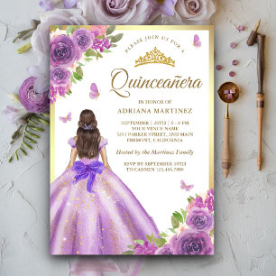 Invitación Lavender Vestido Floral Mariposa Oro Quinceanera