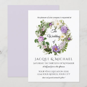Invitación Lavender Vintage Rosas de Marfil con Fern Wreath B