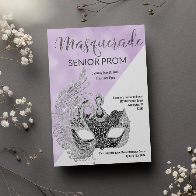 Invitación Lavender white silver glitter Masquerade Prom  (Lavender white silver glitter Masquerade Prom)