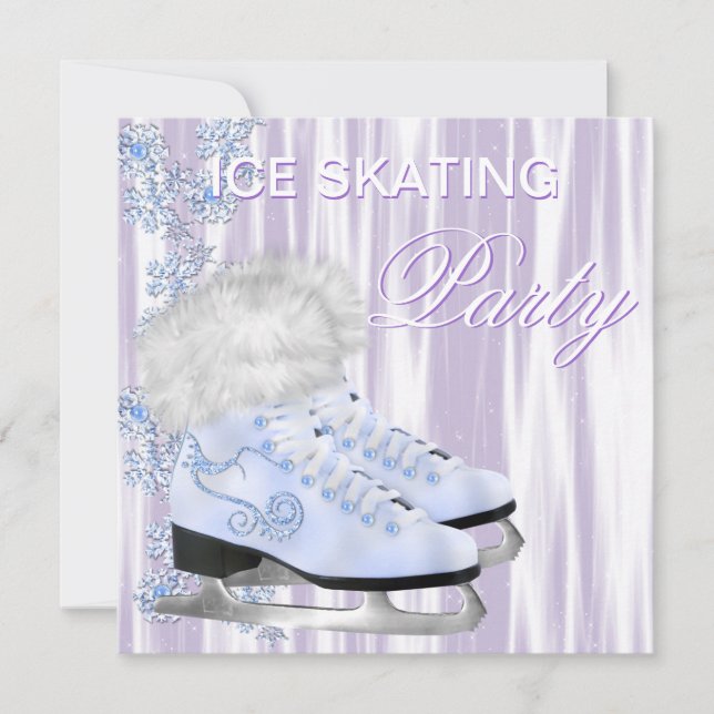 Invitación Lavender White Snowflakes Skates Fiesta de Patinaj (Anverso)