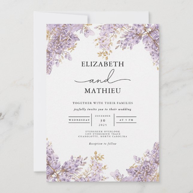 Invitación Lavender Wisteria Boda Floral (Anverso)