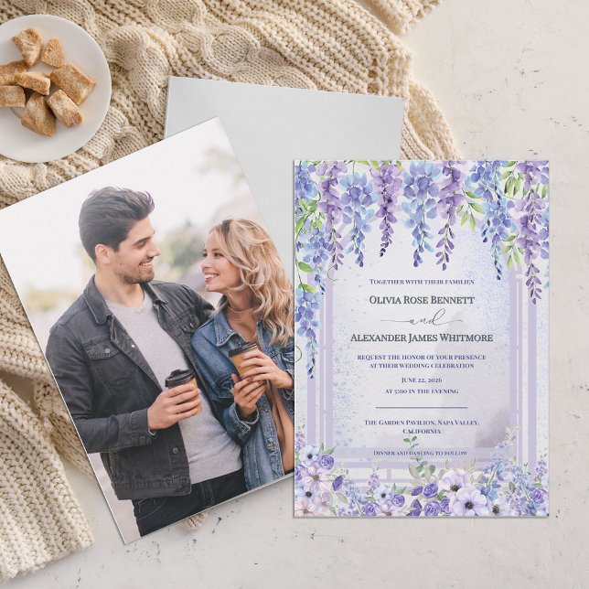 Invitación Lavender Wisteria Purple Floral Arch Photo Wedding (Lavender Wisteria Floral Arch Photo Wedding Invitation | Romantic Purple Garden Wedding Invite)