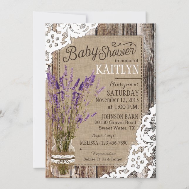Invitación Lavender Wood Lace Rustic Baby Shower (Anverso)