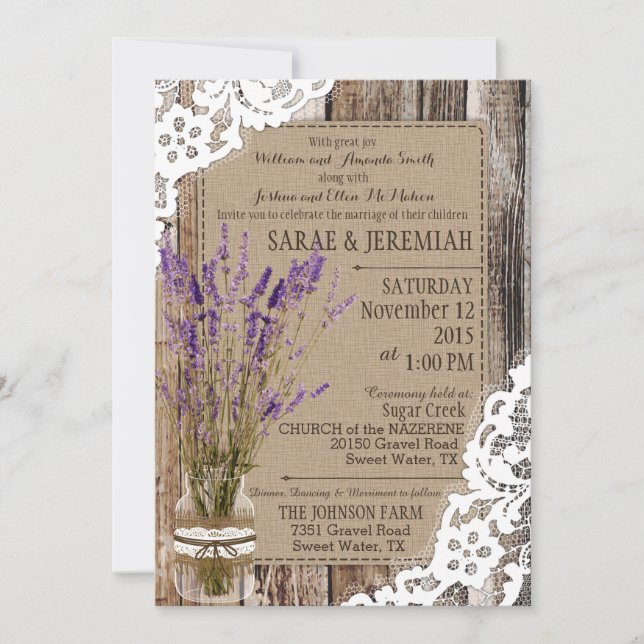 Invitación Lavender Wood Lace Rustic Boda (Anverso)