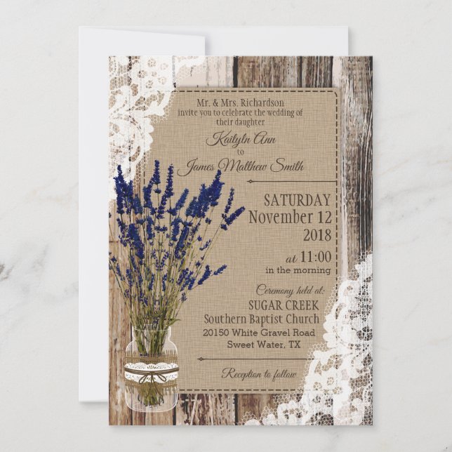 Invitación Lavender Wood Lace Rustic Boda (Anverso)