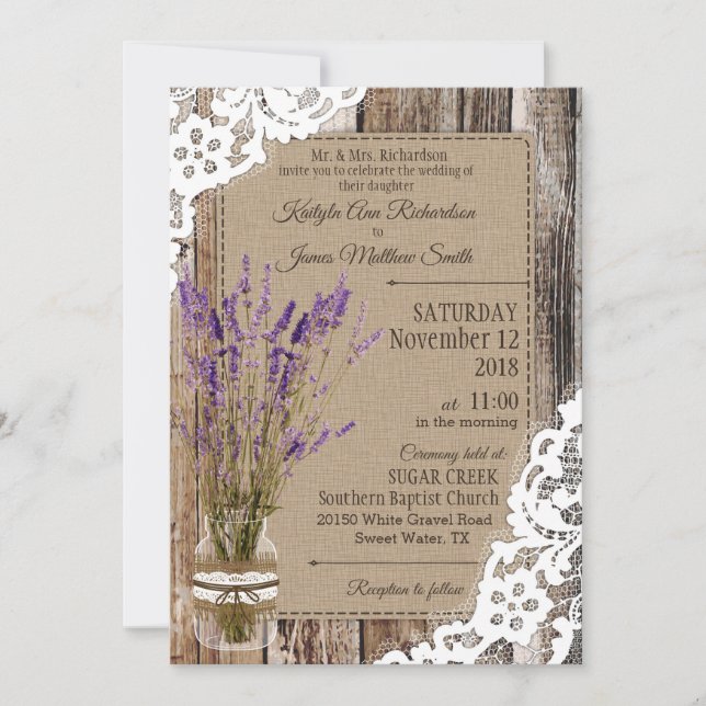 Invitación Lavender Wood Lace Rustic Boda (Anverso)