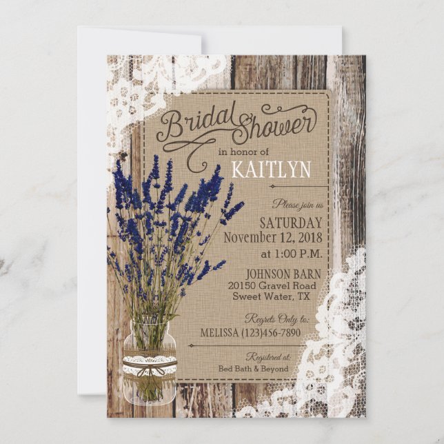 Invitación Lavender Wood Lace Rustic Bridal Shower (Anverso)