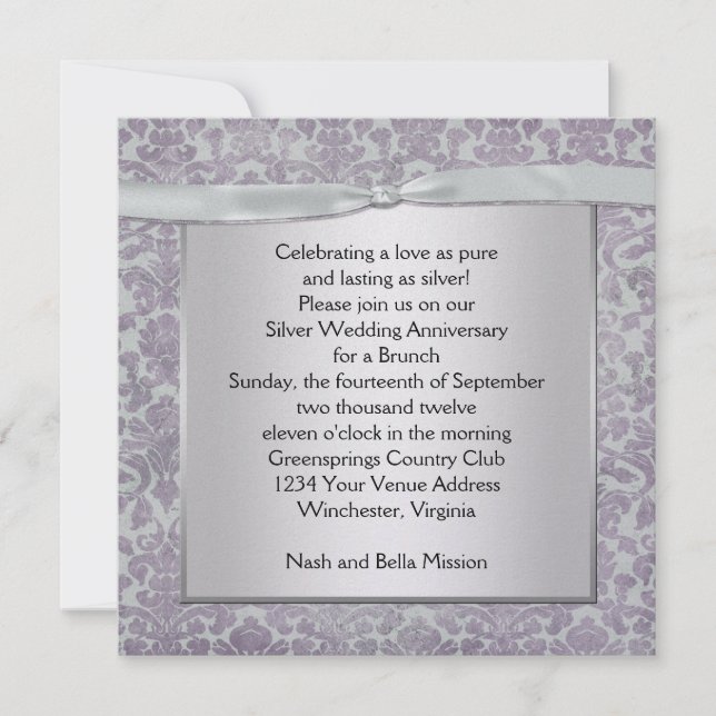 Invitación Lavender y Damasco plateado 25 aniversario Boda (Anverso)