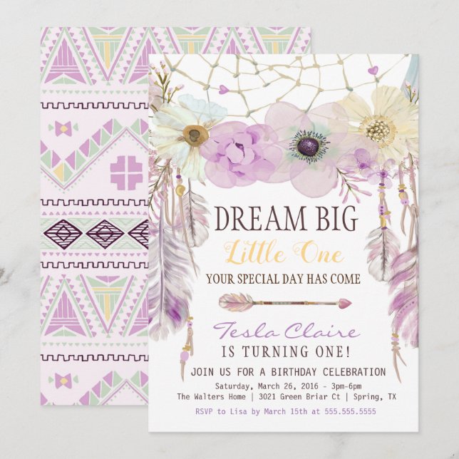 Invitación Lavender y Purple Dream Catcher Boho Cumpleaños (Anverso / Reverso)
