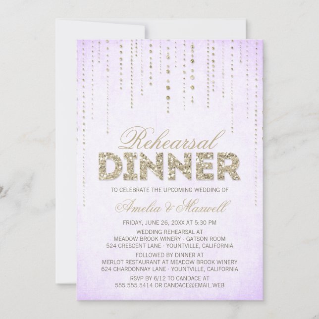 Invitación Lavender y Purpurina de oro Aspecto Ensayo Cena (Anverso)