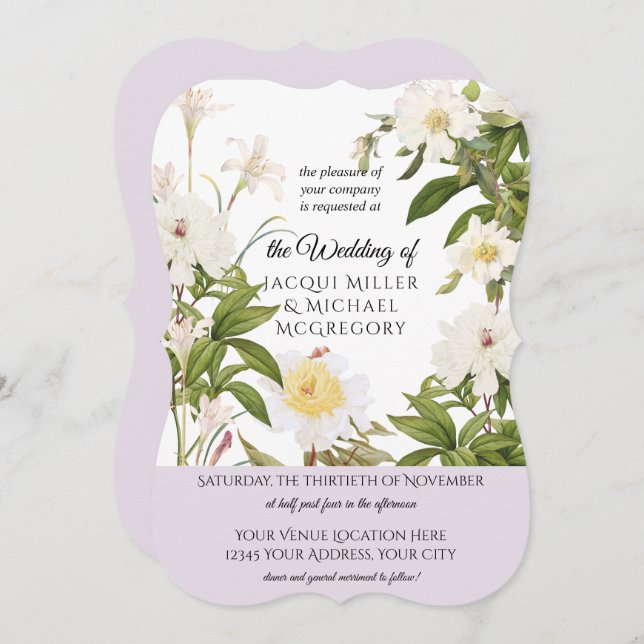 Invitación Lavender y Rosa de marfil con Boda de follaje de h (Anverso / Reverso)