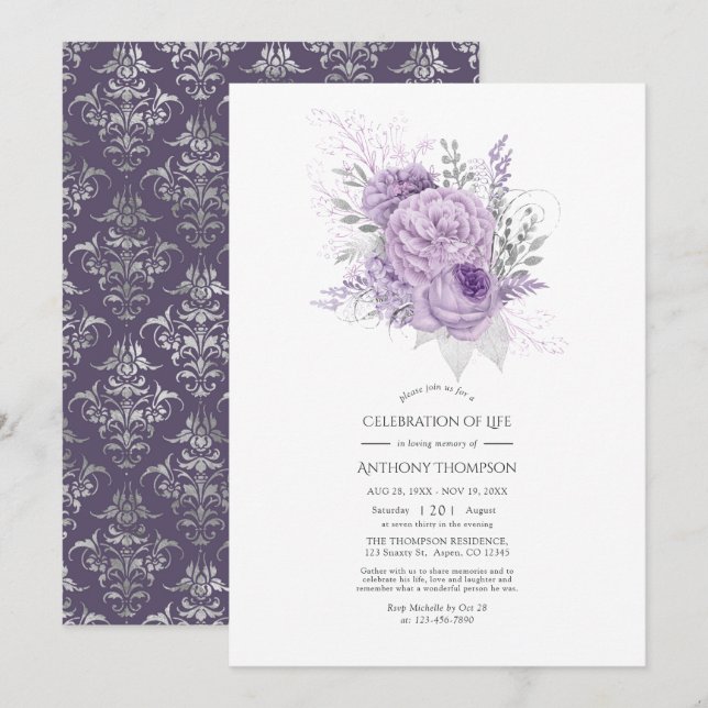 Invitación Lavender y Silver Floral Celebración de la Vida (Anverso / Reverso)