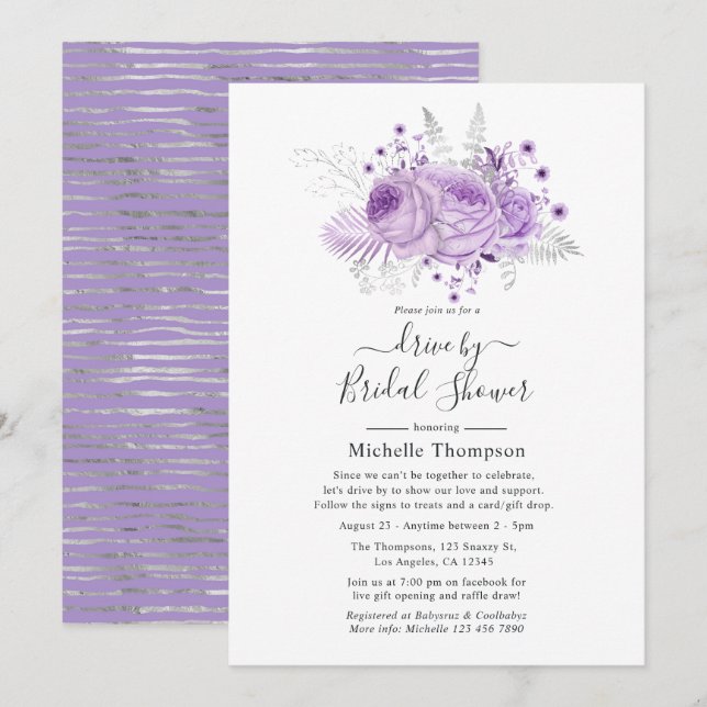 Invitación Lavender y Silver Floral Virtual Drive By Shower (Anverso / Reverso)