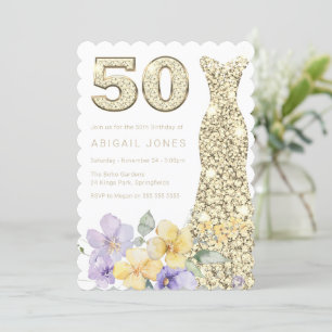 Invitación Lavender y Sunshine Gold Gown 50 cumpleaños