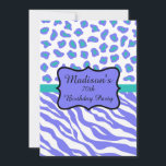 Invitación Lavender Zebra Leopard 70th Birthday Invitation<br><div class="desc">Personalizar esta sofisticada invitación para una fiesta de cumpleaños número 70 u otro evento. El diseño se compone de rayas de cebra moradas y blancas de lavanda perwinkle y de pieles de leopardo o de chita combinados para un diseño moderno y moderno. Un emblema malva espliego de color negro sobre...</div>