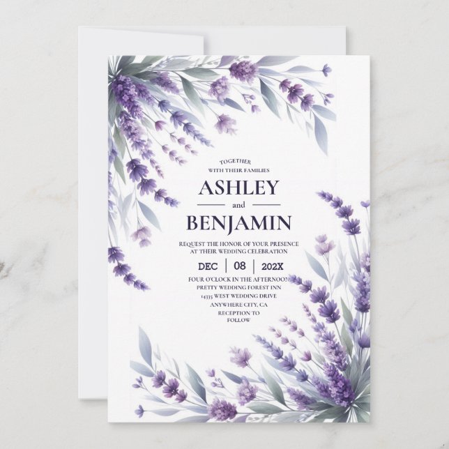 Invitación Lavenders Purple Elegent Floral Watercolor (Anverso)